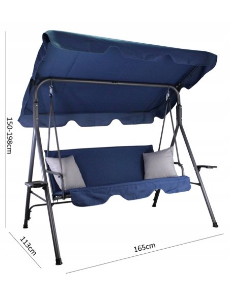 Záhradná hojdačka GARDEN-LINE pre 3 osoby s držiakmi na nápoje + vankúše v modrej farbe