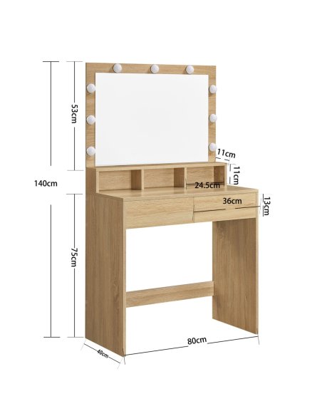 Toaletný stolík s osvetlením VASAGLE v škandinávskom štýle, dub sonoma v hnedej farbe