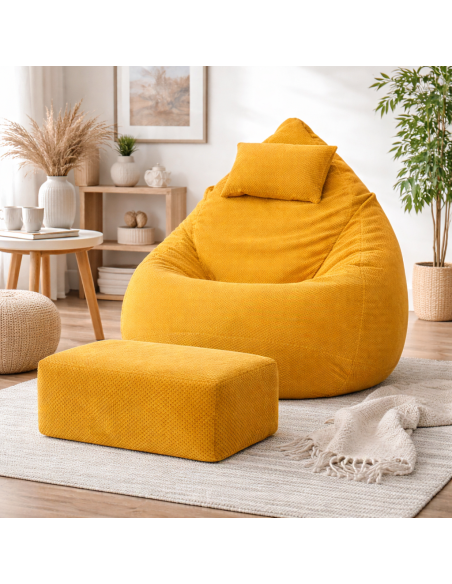 Sedací vak DOT RELAX GRANDE s podnožkou, vankúšom - žltá farba