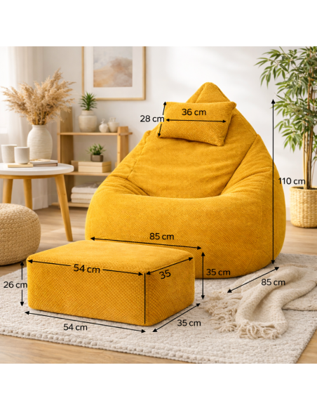 Sedací vak DOT RELAX GRANDE s podnožkou, vankúšom - žltá farba
