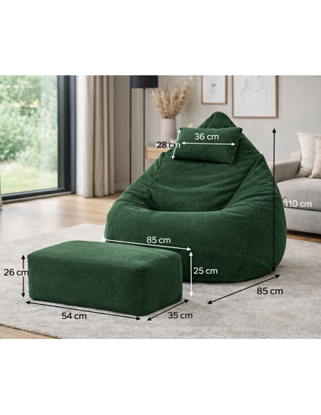 Sedací vak DOT RELAX GRANDE s podnožkou, vankúšom - zelená farba