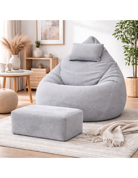 Sedací vak DOT RELAX GRANDE s podnožkou, vankúšom - šedá farba
