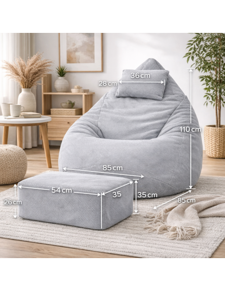 Sedací vak DOT RELAX GRANDE s podnožkou, vankúšom - šedá farba