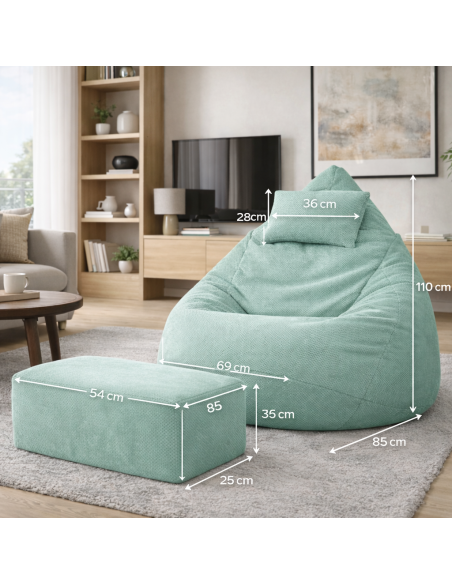 Sedací vak DOT RELAX GRANDE s podnožkou, vankúšom - mätová farba