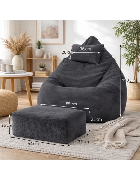 Sedací vak DOT RELAX GRANDE s podnožkou, vankúšom - grafitová farba