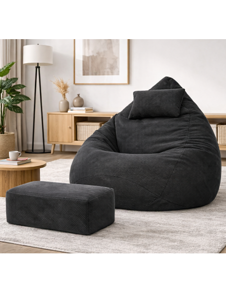 Sedací vak DOT RELAX GRANDE s podnožkou, vankúšom - čierna farba