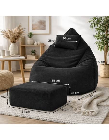 Sedací vak DOT RELAX GRANDE s podnožkou, vankúšom - čierna farba